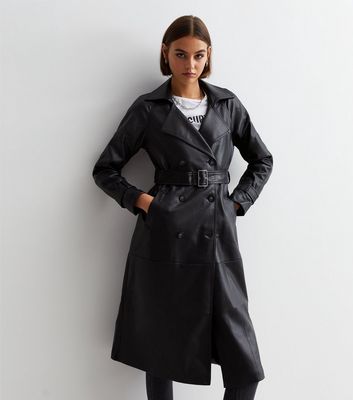 Blue Vanilla Black Leather Look Trench Coat New Look