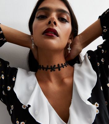 Black Stitch Choker Necklace New Look