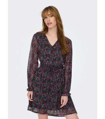 JDY Black Floral Chiffon Puff Sleeve Mini Dress