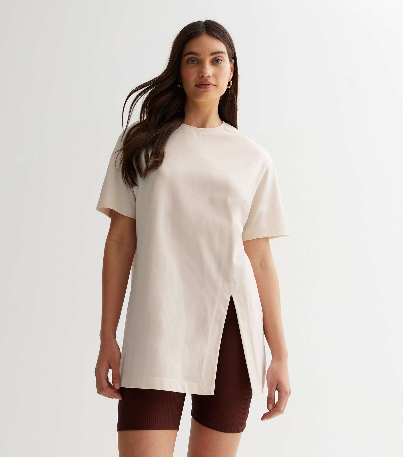 Cream Cotton Split Hem Oversized T-Shirt