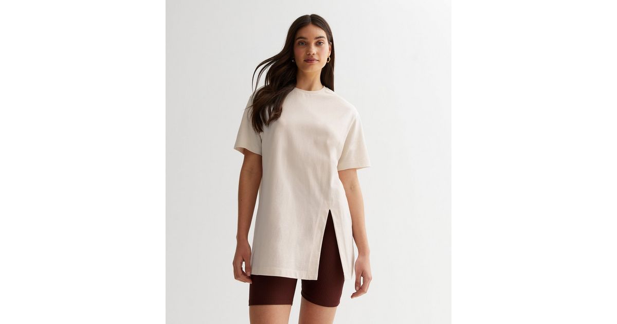 Cream Cotton Split Hem Oversized T-Shirt | New Look