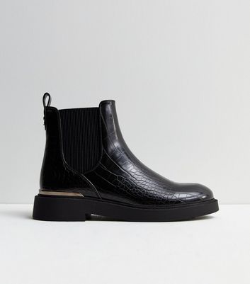 Black Faux Croc Metal Trim Chelsea Boots New Look