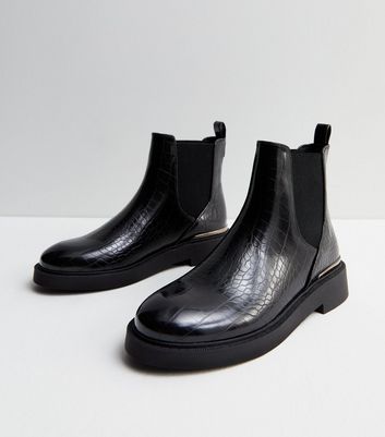 Black Faux Croc Metal Trim Chelsea Boots