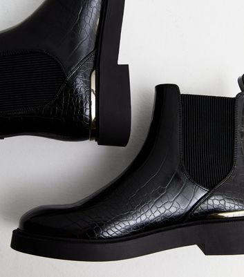 Black faux croc metal trim chunky chelsea boots new arrivals