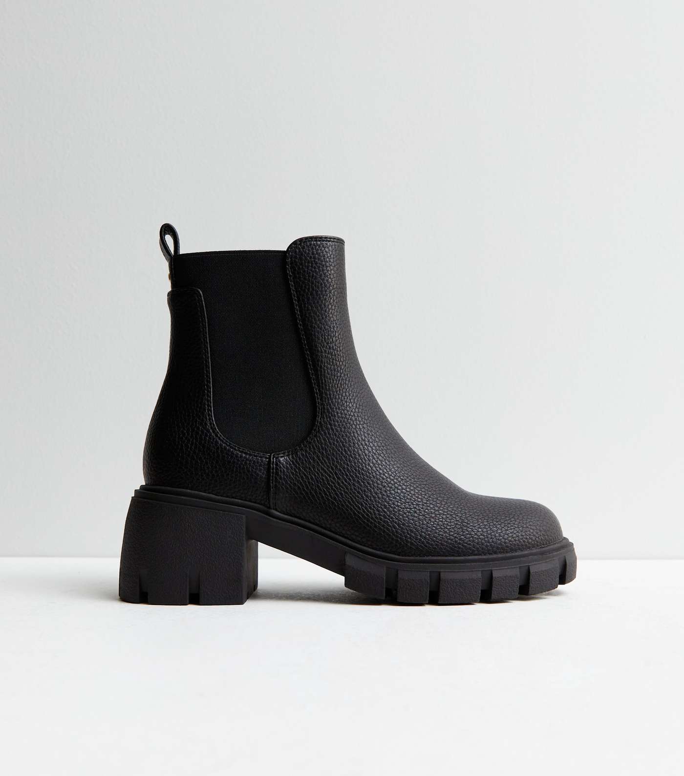 Black Leather-Look Cleated Block Heel Chelsea Boots Image 5