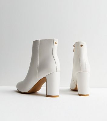 Off White Leather-Look Block Heel Ankle Boots New Look