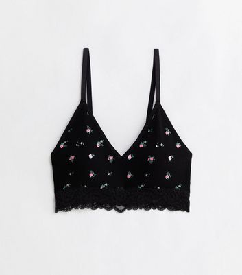 Black Ditsy Floral Seamless Lace Trim Bralette New Look
