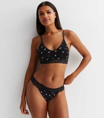 Black Floral Ribbed Lace Trim Seamless Thong