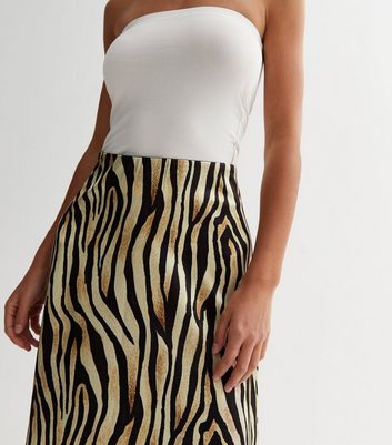 Cameo Rose Black Tiger Print Satin Midi Skirt New Look