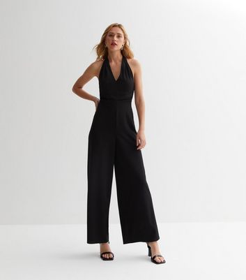 Black Halter Neck Wide Leg Jumpsuit New Look