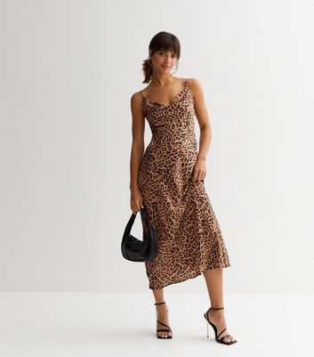 Gini London Leopard Print Satin Strappy Cowl Neck Midi Dress New Look