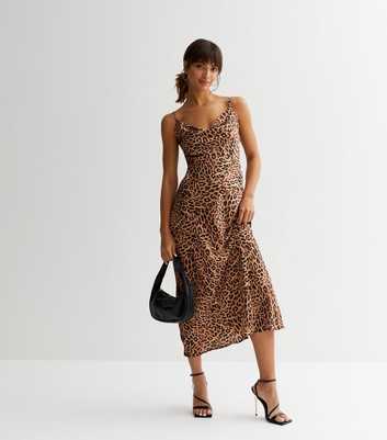 Gini London Leopard Print Satin Strappy Cowl Neck Midi Dress