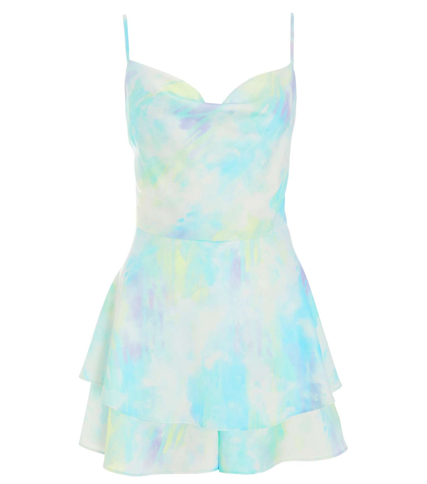 QUIZ Pale Blue Abstract Satin Strappy Playsuit Image 4