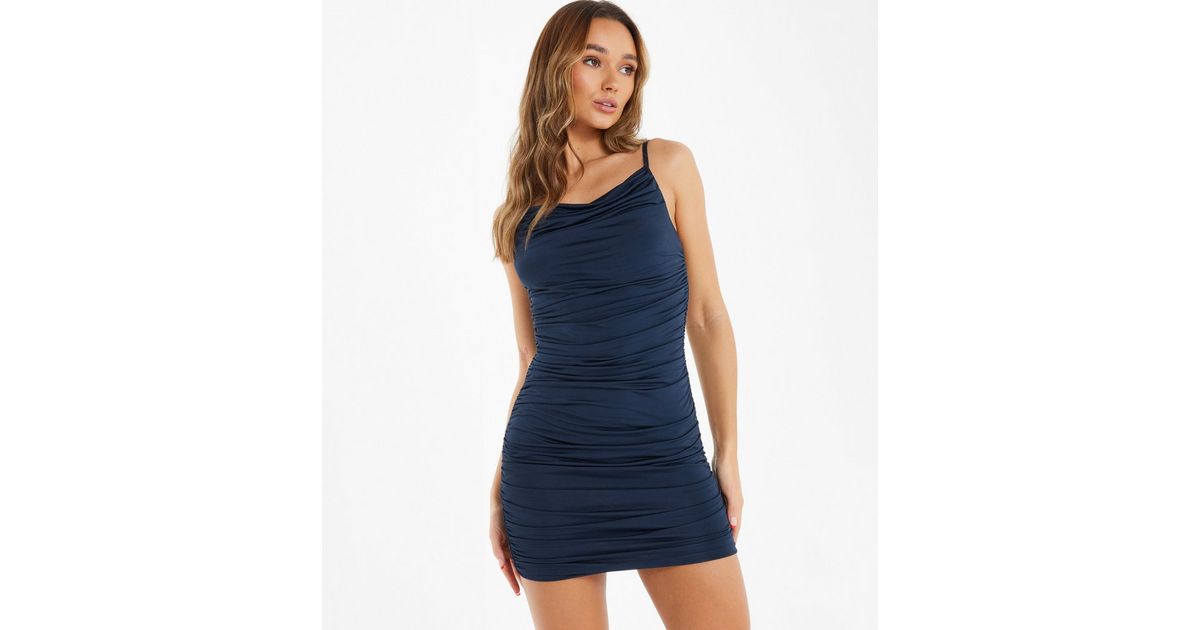 QUIZ Navy Cowl Neck Ruched Mini Bodycon Dress New Look