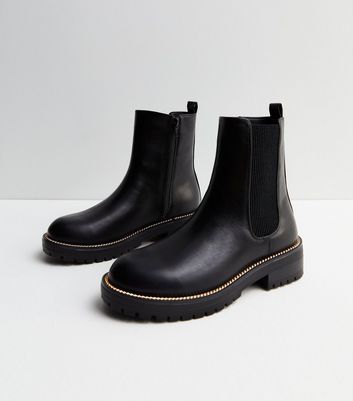 Black Leather-Look Gold Trim Chelsea Boots | New Look