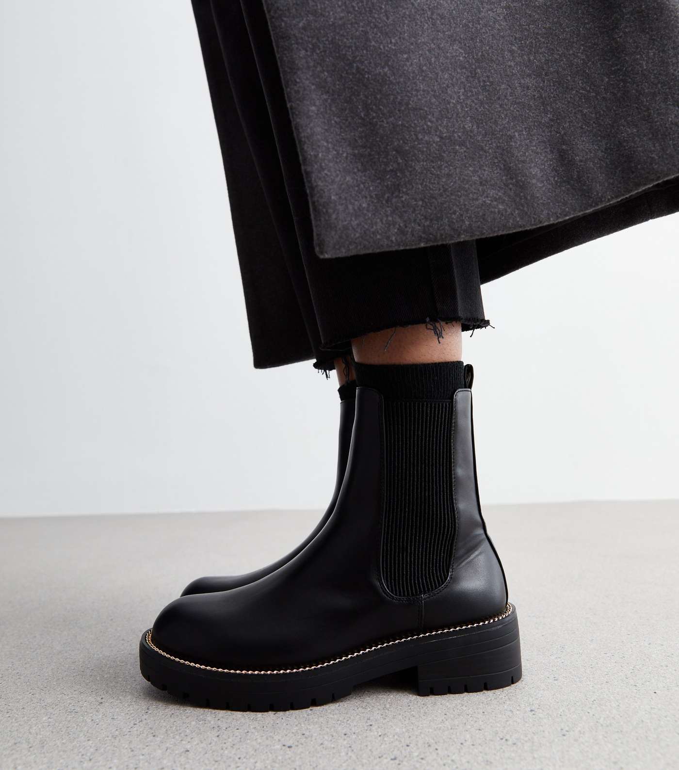 Black Leather-Look Gold Trim Chelsea Boots Image 2