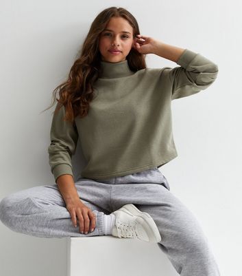 Girls Khaki Fleece High Neck Sweatshirt