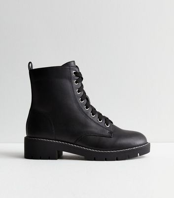 Extra Wide Fit Black Stitch Lace Up Biker Boots | New Look