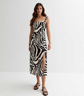 Black Zebra Print Split Hem Midi Dress