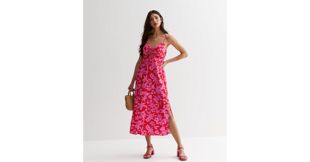 Pink Floral Ruched Front Strappy Midaxi Dress | New Look