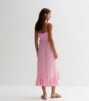 Pink Spot Strappy Wrap Midi Dress New Look
