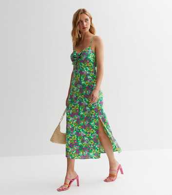Green Floral Ruched Strappy Split Hem Midaxi Dress