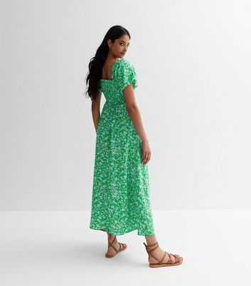 Green Floral Bardot Shirred Midaxi Dress New Look