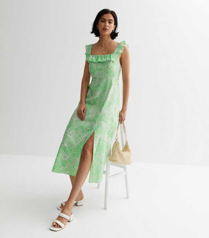 Green Ditsy Square Neck Frill Midi Dress | New Look Green Ditsy Square Neck Frill Midi Dress | New Look