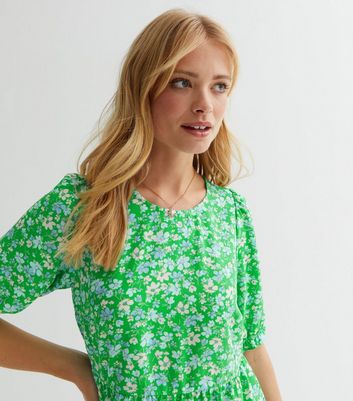 Green Pattern Tiered Smock Midi Dress New Look