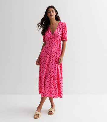 Pink Spot Puff Sleeve Wrap Midi Dress