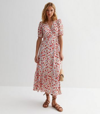 Off White Floral Wrap Midaxi Dress New Look