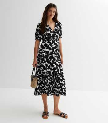 Black Leaf Print Puff Sleeve Wrap Midi Dress