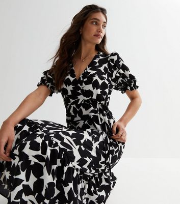 Black Leaf Print Puff Sleeve Wrap Midi Dress New Look