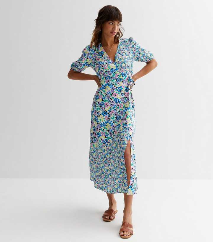 White Floral V Neck Puff Sleeve Midi Dress | New Look