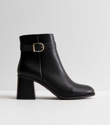 Black Leather-Look Buckle Flared Heel Ankle Boots