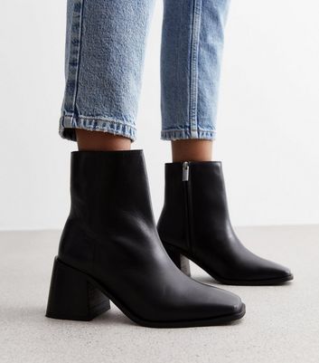 Black Leather Pointed Block Heel Ankle Boots | New Look