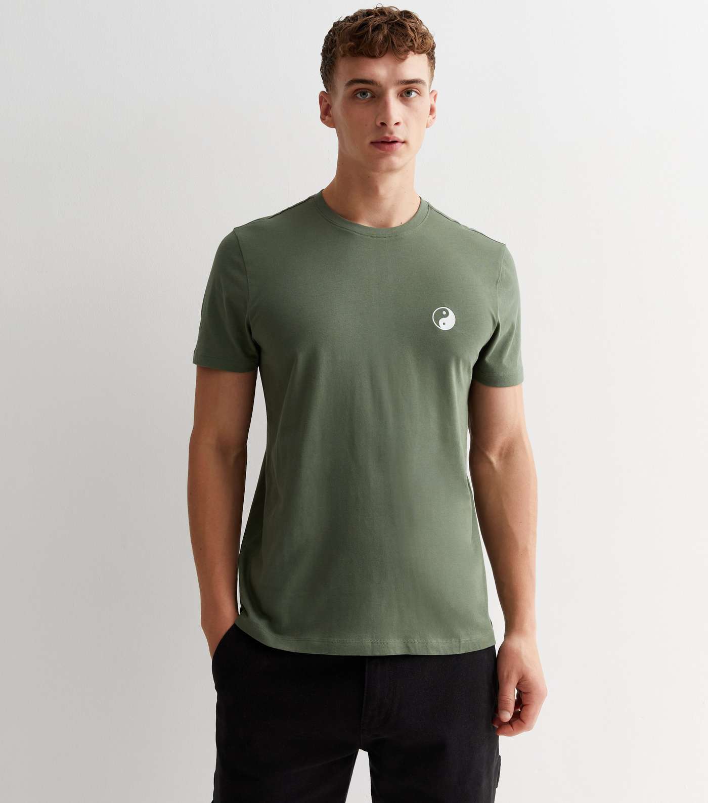 Khaki Cotton Embroidered Yin Yang Logo T-Shirt Image 2
