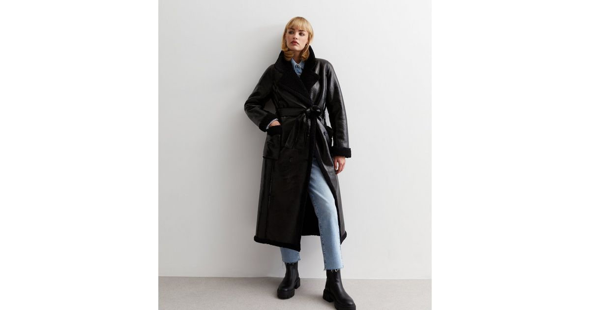 Black Leather-Look Teddy Trim Longline Trench Coat New Look