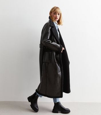 Black Leather Look Teddy Trim Longline Trench Coat New Look