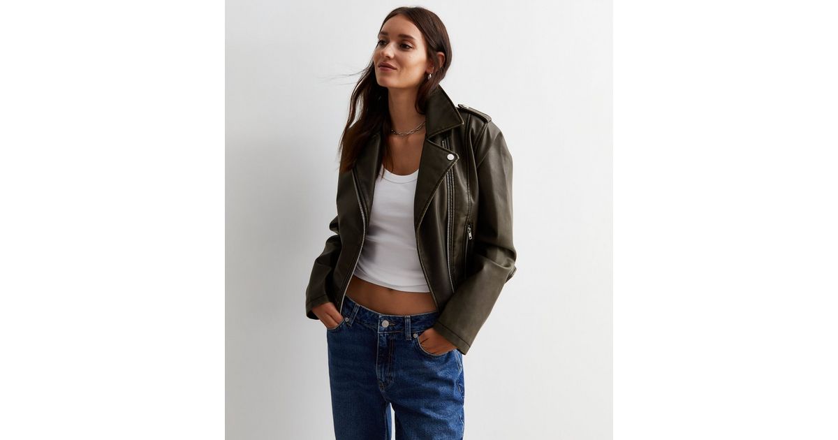 Dark Grey LeatherLook Biker Jacket New Look