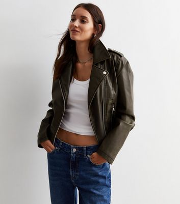 Dark Grey Leather Look Biker Jacket New Look