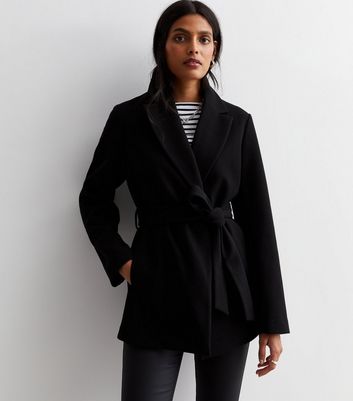 Black Short Belted Coat New Look