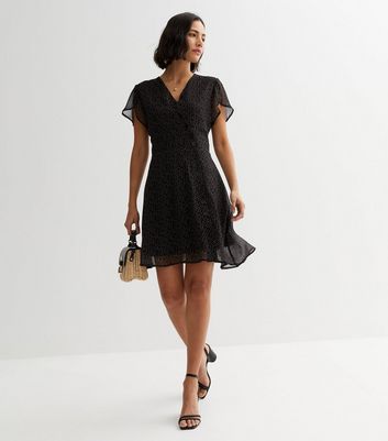 Sunshine Soul Black Ditsy Print Frill Sleeve Mini Dress New Look