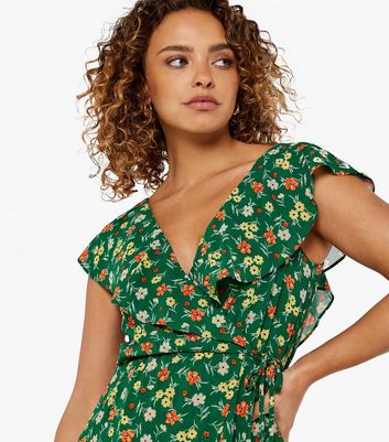 Apricot Green Floral Frill Midi Wrap Dress New Look