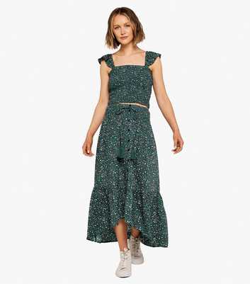 Apricot Green Ditsy Floral Dip Hem Midi Skirt