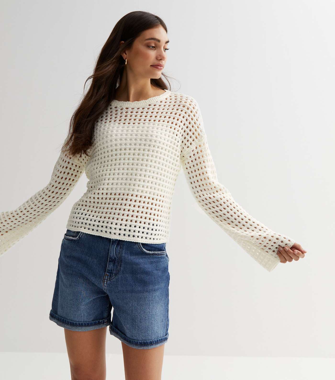 Cream Open Knit Cropped Jumper Image 3