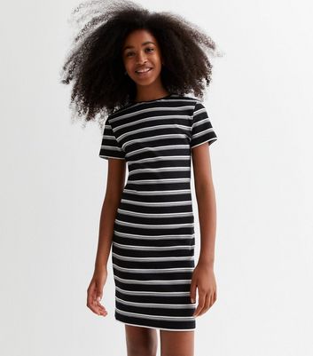 Girls black and white striped dress best sale