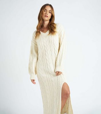 Urban Bliss Cream Cable Knit Split Hem Midaxi Dress New Look
