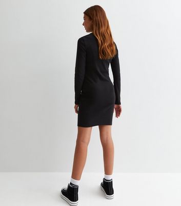 Girls Black Ribbed Long Sleeve Mini Dress New Look