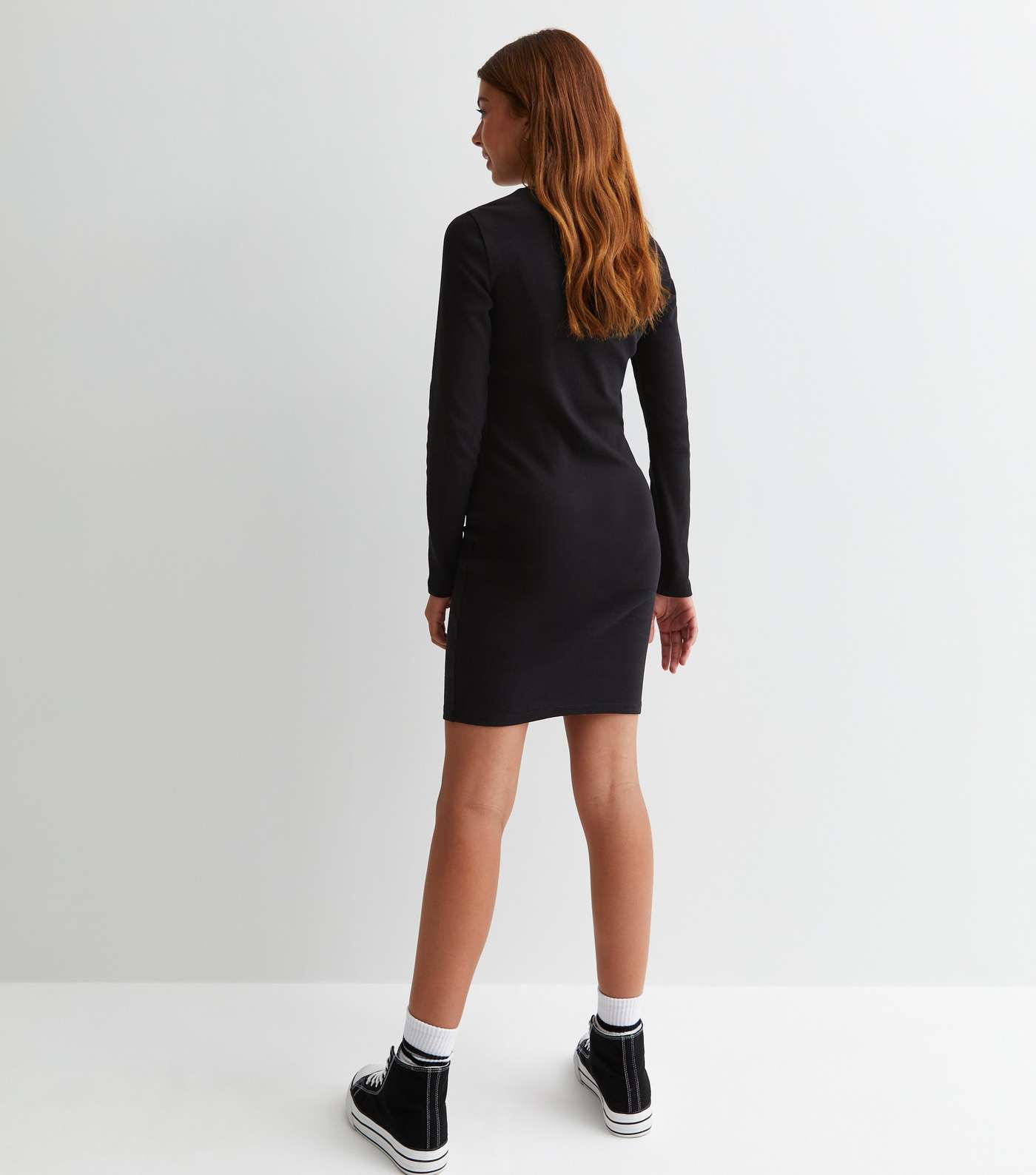 Girls Black Ribbed Long Sleeve Mini Dress Image 4